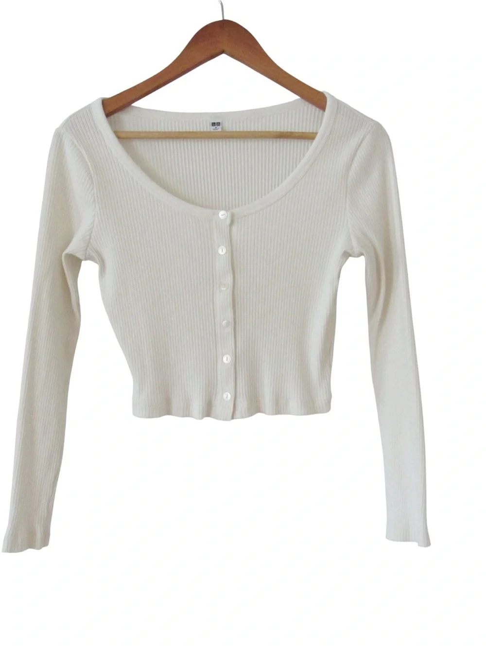 Uniqlo Cotton Ribbed Long Sleeve Cropped Cardigan Medium Off White Cream Henley